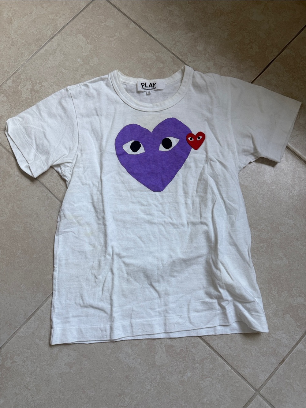 Comme des Garçons PLAY White Tee with Purple and Red Heart Graphics